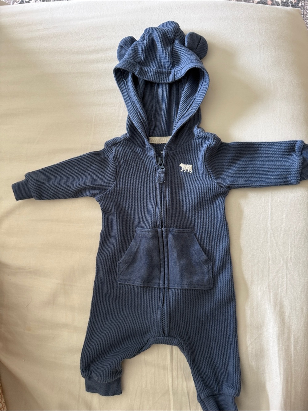 Carter's Navy Blue Hooded Waffle-Knit One-Piece with Bear Ears